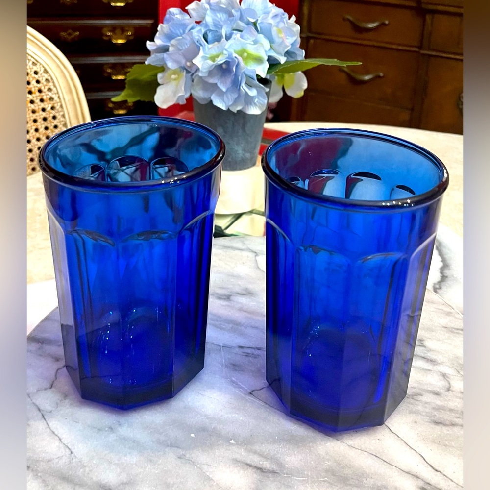 2 VTG FRANCE COBALT BLUE 500 LUMINARC 10-Panel Glass 5-3/8"H Tumblers  2/$50